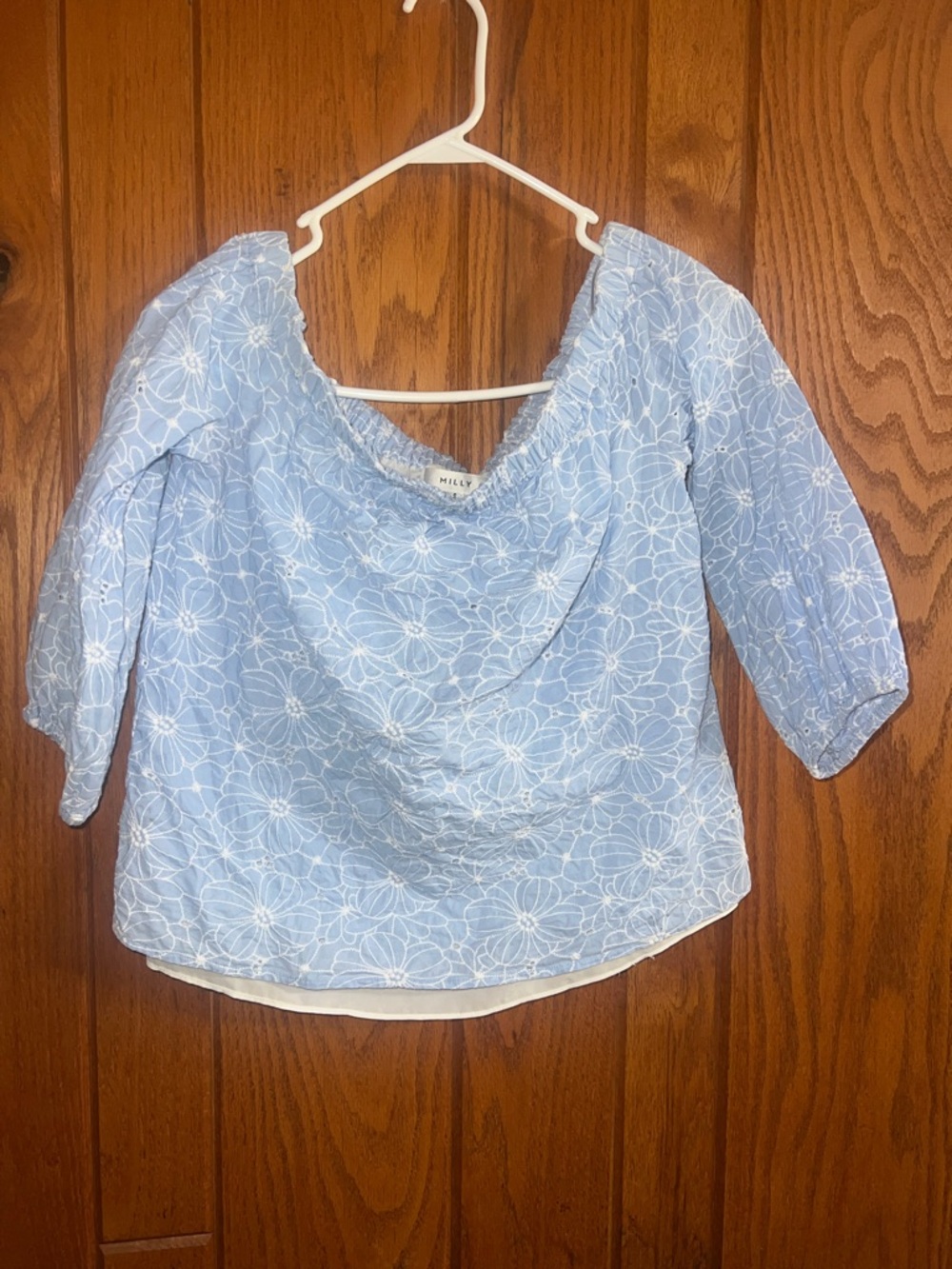 Milly Light Blue White Floral Off-Shoulder Blouse